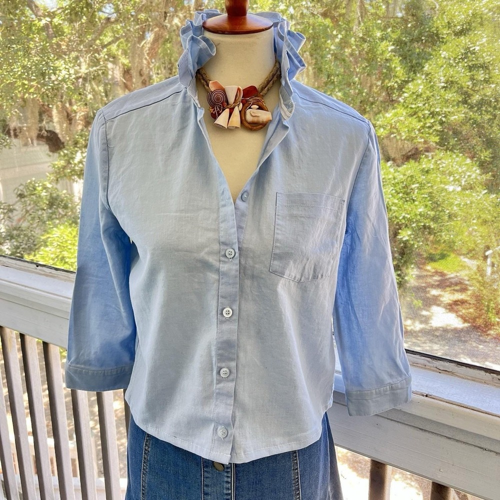 Upcycled Re-worked Peck & Peck Sky Blue Luxe Linen Cropped Ruffle Collar Shirt S